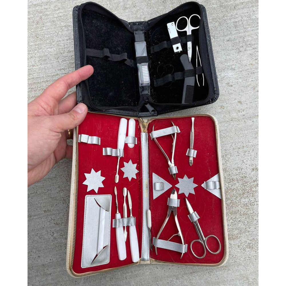 Vintage Manicure Kit Ground Leather Case Austria Tools Red White With Extras
